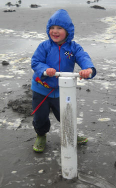 Picture of a boy clamming on the beach.